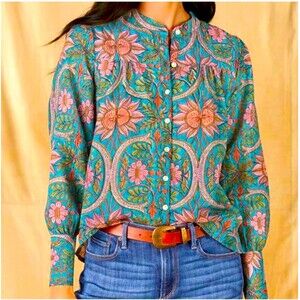Oliphant Darby Blouse Womens Medium Blue Floral Cotton Silk Long Sleeve Top